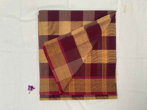 Traditional Handloom Cotton Saree  - Biscuit with Maroon Checked