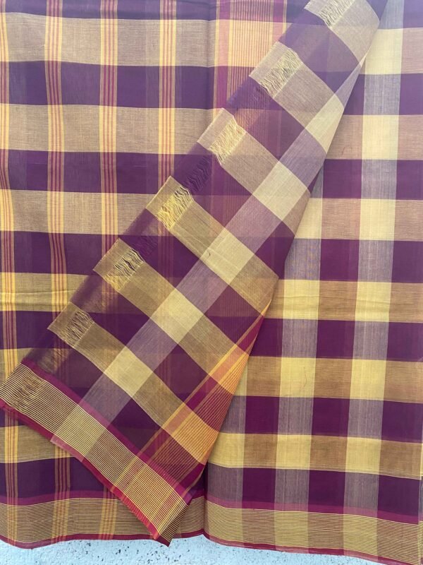 Traditional Handloom Cotton Saree  - Biscuit with Maroon Checked - Image 2