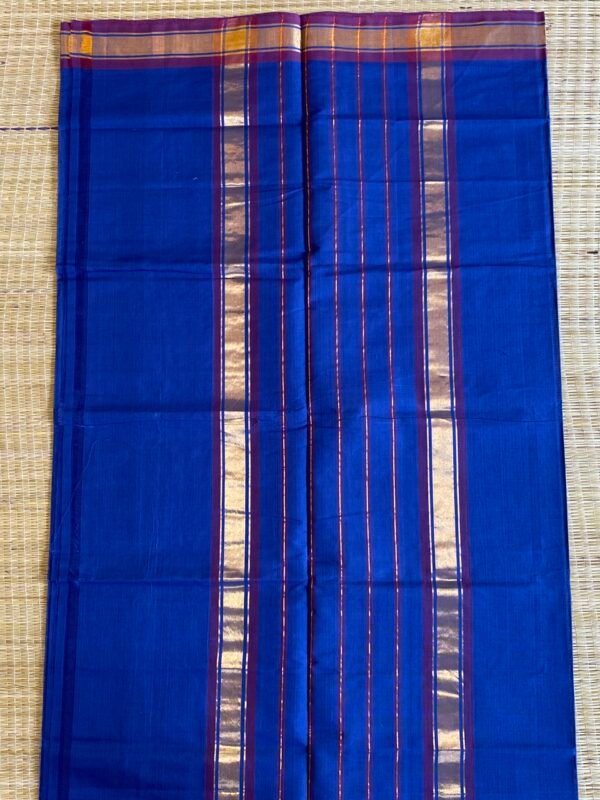 Traditional Handloom Cotton Saree  - Plain Royal Blue - Image 3