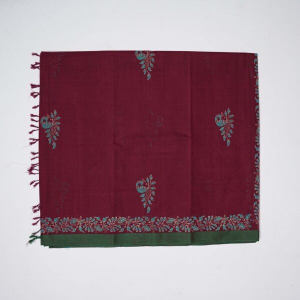 Hand Block Print Cotton Handloom Saree – Peacock - Image 5